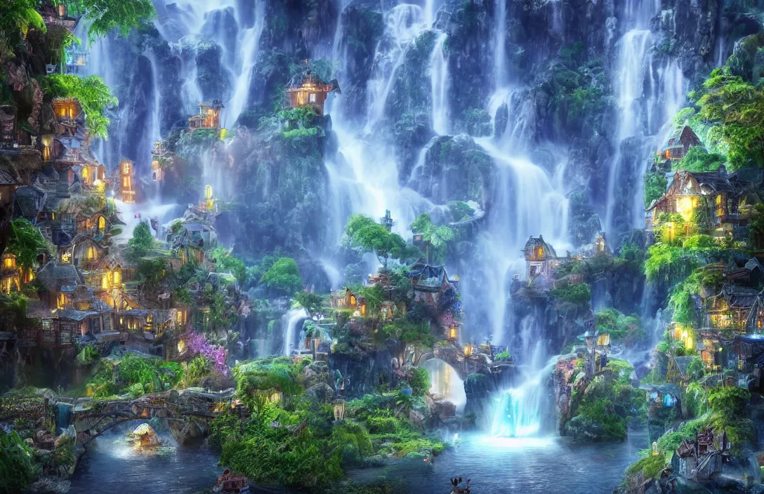 Image similar to magical fantasy town, background : giant bioluminscent waterfall, quaint vibes, epic fantasy, ultra hd render + 4 k uhd + immense detail + very crisp and clear image