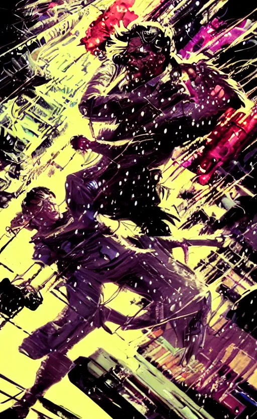 Image similar to Grizzled Trenchcoat detective fighting in the rain. Detailed dynamic anatomical proportions. Anti-hero leaping into action POV. Cybernetic kung-fu action shot. Dynamic, delirious, creative panel style by Bill Sienkiewicz. Heavy chromatic abberation. Visual distortion. Sci-Fi cyberpunk Comic page made up of art by the best artists Trending on Artstation. Octane render, Raytracing, 3d masterpiece, fantastic lighting by James Gurney. Noir detective genre.