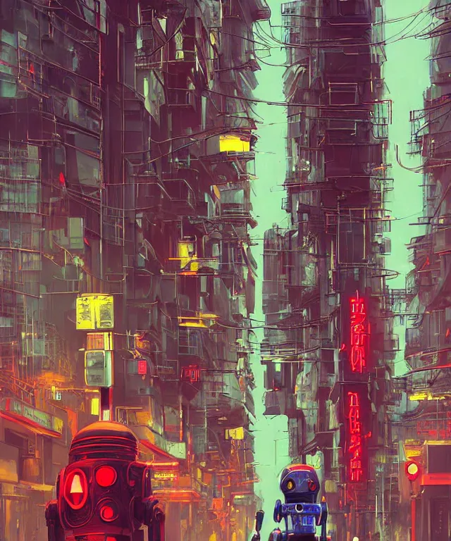 Image similar to big red robot waiting in street from paris or neo tokyo , humid ground, people and creatures walking holding neon ombrellas, volumetric light, bokeh light from top, science fiction elements like droids or computer screens, brutalist architecture, rainy mood, artstation, art by françois schuiten and moebius and pascal campion