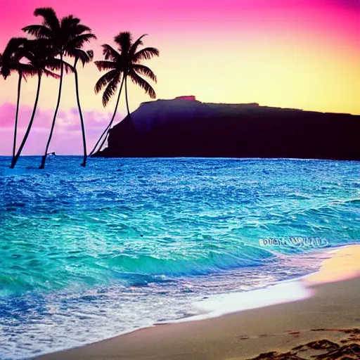 Image similar to a quiet beach in hawaii, pristine, waves, palm trees, sun in the sky, photography