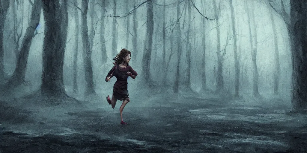 Image similar to an environmental concept art of a scared woman running in a haunted forest, rainy, highly detailed, cinematic, dramatic lighting by francis tneh