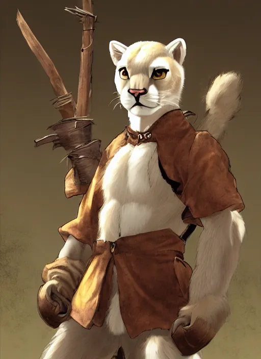 Image similar to character portrait of a anthro! albino mountain lion wearing miner's clothes. hidari, color page, tankoban, 4K, tone mapping, Akihiko Yoshida.