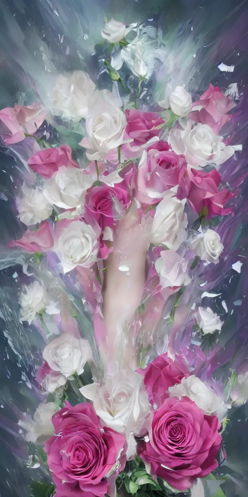 Image similar to magic invisible blade slicing through a bouquet of white and pink roses, flowers exploding and spraying, big puffy clouds, sharp rain, large rose petals, lotus petals, large polygonal background elements, large polygons, dramatic anime, dramatic lighting, artgerm, manga, trending on artstation, art nouveau, mature colors