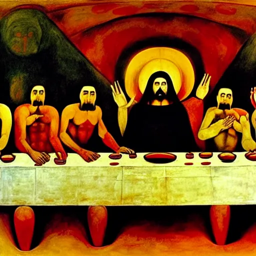 Prompt: the last supper painted by David Alfaro Siqueiros detailed, hyper-detailed, very realistic