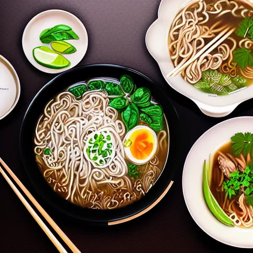 Prompt: flatlay realistic photo of delicious pho, ramen, aesthetic table cloth, highly detailed, by marc haydon, kailee mandel, masterpiece, 8 k hd, award winning, artstation,