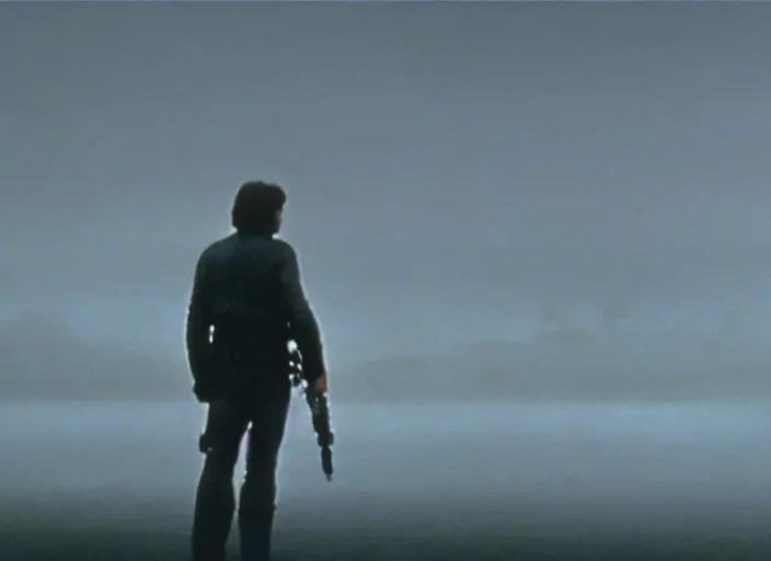 Prompt: epic still of Han Solo using lightsaber in foggy environment, approaching an ancient temple in the distance, iconic scene from the 1980s film directed by Stanley Kubrick, cinematic lighting, kodak film stock, strange, hyper real, stunning moody cinematography, with anamorphic lenses, crisp, detailed portrait, 4k image