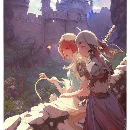 Image similar to the knight and the sword of rose petal, anime, castle core, mountains, rocky roads. by hayao miyazaki and rossdraws and artgerm and greg rutkowski and alphonse mucha and studio ghibli and ilya kuvshinov. high quality, stunning, intricate detailed environment. 8 k