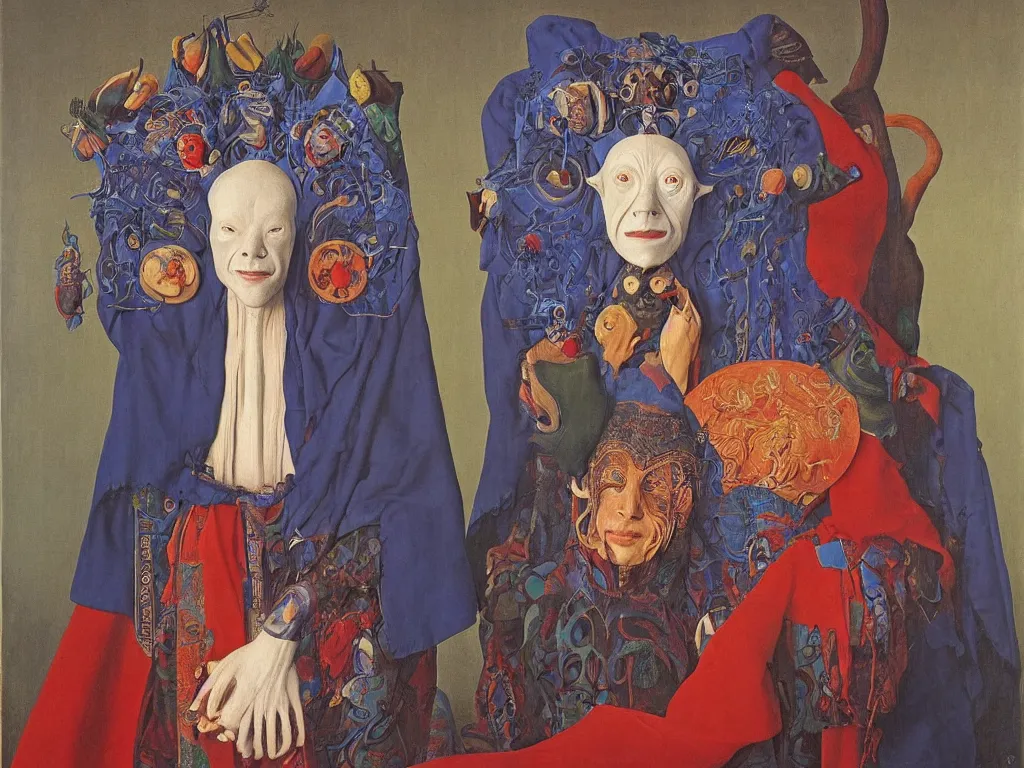 Image similar to Portrait of albino mystic with blue eyes, with beautiful exotic Tibetan shamanic death mask. Painting by Jan van Eyck, Audubon, Rene Magritte, Agnes Pelton, Max Ernst, Walton Ford