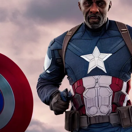 Image similar to film still of Idris Elba as Captain America in new Avengers film, photorealistic 8k