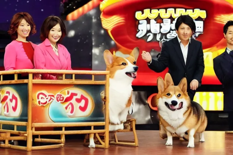 Image similar to A japanese gameshow with a corgi contestant doing acrobatic stunts