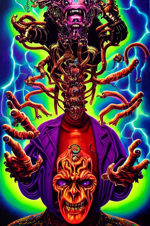 Image similar to a hyperrealistic painting of an epic boss fight against an ornate supreme telekinetic psychic dark overlord, cinematic horror by chris cunningham, lisa frank, richard corben, highly detailed, vivid color,