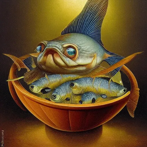 Image similar to a worried fish on the top of a pile of fish, all the fish are inside a cooking pot, side view, by vladimir kush, dystopian art, rococo