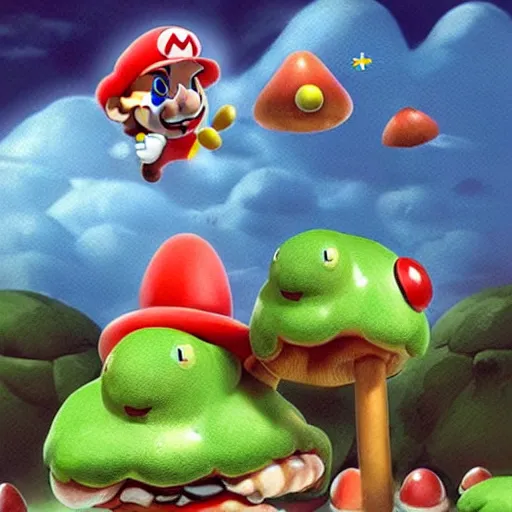 Prompt: hyper realistic super Mario eating mushrooms that take him to a parallel universe where giant mutated turtles eat anthropomorphic toadstools while they scream