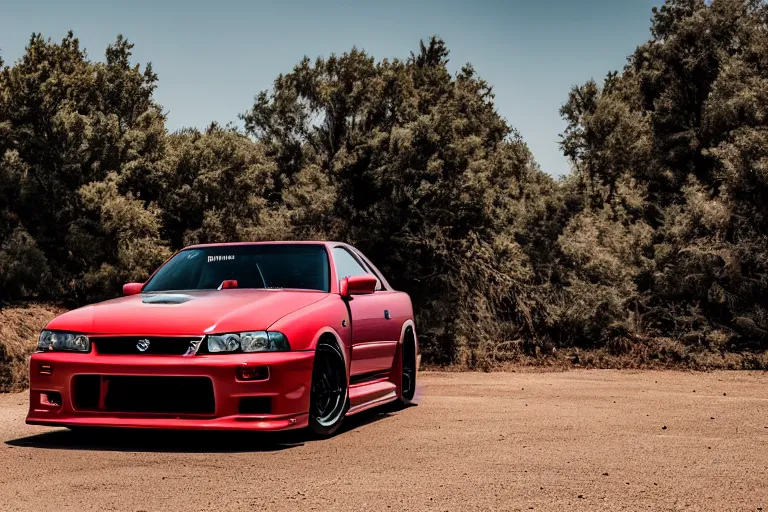 Image similar to Nissan R34 Skyline GTR driven by Brian O'Connor in Mad Max Road Warrior, XF IQ4, 150MP, 50mm, F1.4, ISO 200, 1/160s, natural light, Adobe Photoshop, Adobe Lightroom, photolab, Affinity Photo, PhotoDirector 365