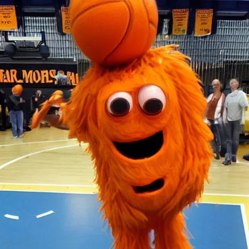 Image similar to a majestic friendly orange monster made of basketballs by pixar consumes a puny winpy cowboy at a basketball court