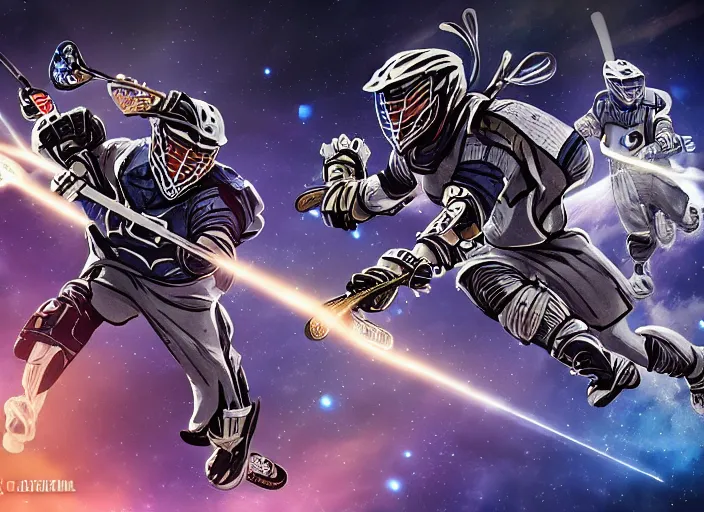 Prompt: lacrosse team versus chitauri, playing intergalactic championship, in space, highly detailed, 8k, intricate, sony a7r iv 55mm, award winning.