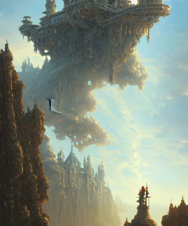 Image similar to laputa castle in the sky robot, fantasy, intricate, elegant, highly detailed, digital painting, artstation, concept art, smooth, sharp focus, illustration, art by artgerm and greg rutkowski and alphonse mucha