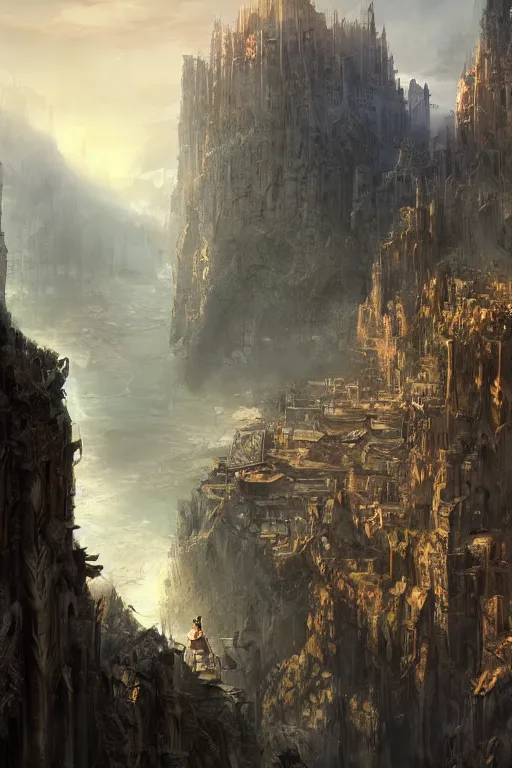 Prompt: Baroque fantasy metropolis of tall towers at the top of a cliff looking over a river, by Marc Simonetti, matte painting, concept art, chiaroscuro, trending on artstation, HD