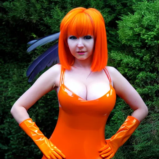 Image similar to Anime big bust girl in orange latex dress and orange latex gloves holding raven feather in her hand