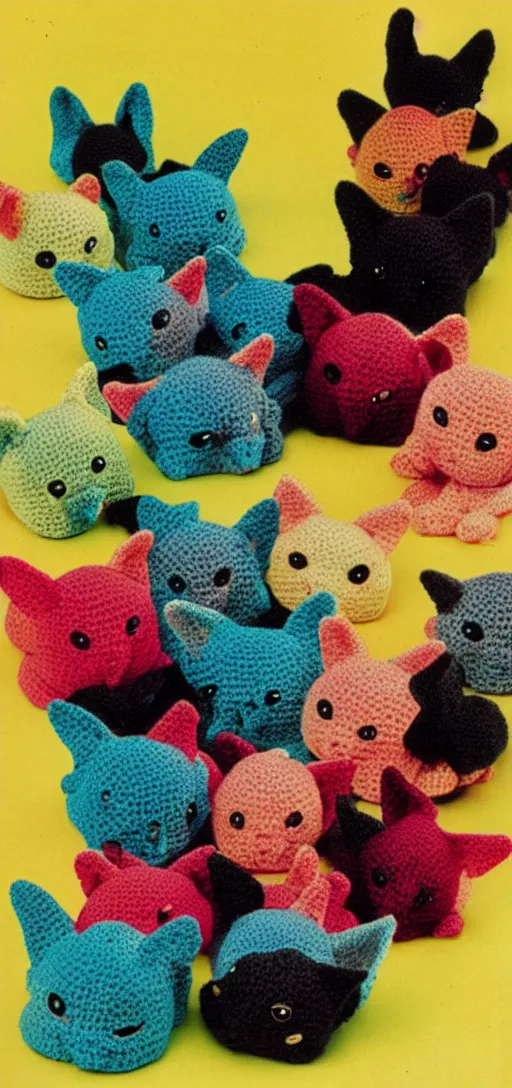 Image similar to multicolored crocheted bat kittens, 1 9 8 0 s catalogue photography