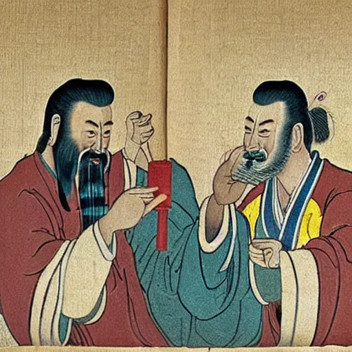 Image similar to confucius, lao tzu, jesus drinking tea in a chinese tea house, happy, smiling, fist bumping