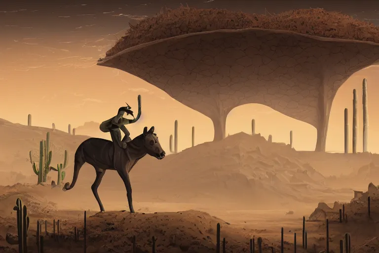 Image similar to a photo of a dystopian desert with loots of Cacti, sandy colours, sandy green, sandy, sandy beige, sobbing sad black silhouette of a person, cantered, by Cyril Rolando, trending on DeviantArt, desolated, dark, 8k resolution, rendered in Zbrush, simplistic