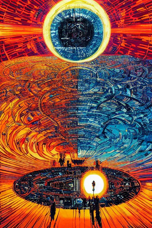 Prompt: a painting of a blazing geometric sun above a giant robotic god, detailed, 4 k, by stanley donwood philippe druillet and victo ngai,