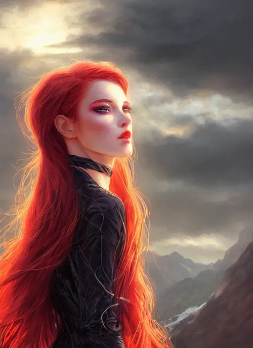 Image similar to girl with iridescent red hair, beautiful highly detailed face, complementary lighting, backlit, black eyeshadow, black lipstick, divine, dramatic lighting, landscape background, beautiful painting by artgerm and greg rutkowski and raymond swanland