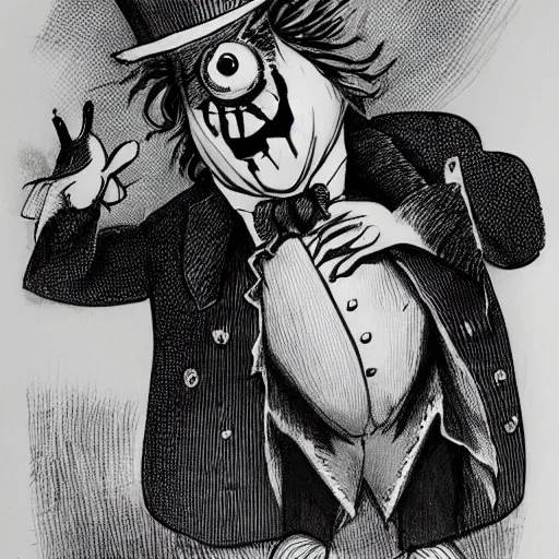 Image similar to a Pop Wonder scary horror themed goofy-hilarious-character Mad-Hatter-wearing a scarf, 3-piece-suit, dime-store-comic drawn with charcoal and pen and ink, half-tone-line-stacking