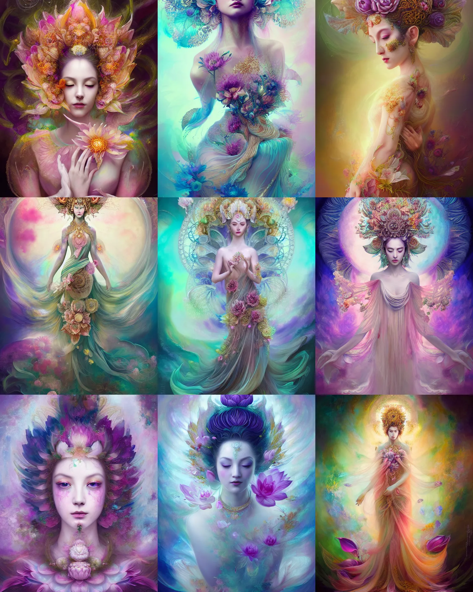 Prompt: Full View Portrait Mystical ethereal lotus flower deity wearing beautiful dress, lotus flower Dryad beautiful dress, spirituality, 4k digital masterpiece by Anna Dittman and Alberto Seveso Ruan Jia and rossdraws, fantasycore, Hyperdetailed, realistic oil on linen, soft lighting, Iconography background, featured on Artstation
