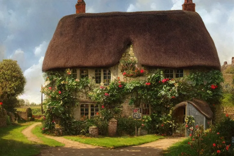 Image similar to A quaint cottage in an English village, merry england, oil on canvas, 4k, detailed, in the style of John Howe