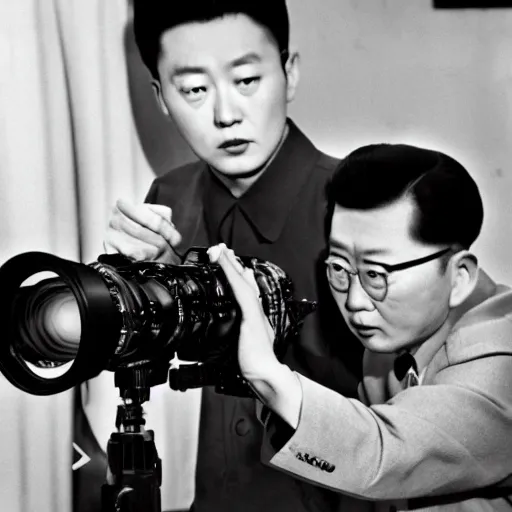 Prompt: 1950s Korean film noir, 35mm film, Cooke Varotal 20-100mm T3.1, Kim Jong-il