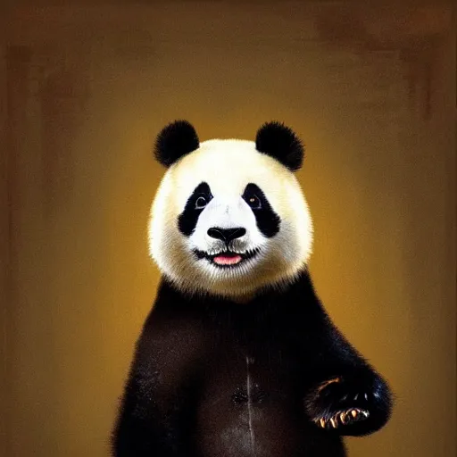 Prompt: anthropomorphic panda proudly posing for a portrait, painted by rembrandt intricate ultra detailed painting atmospheric lighting golden hour