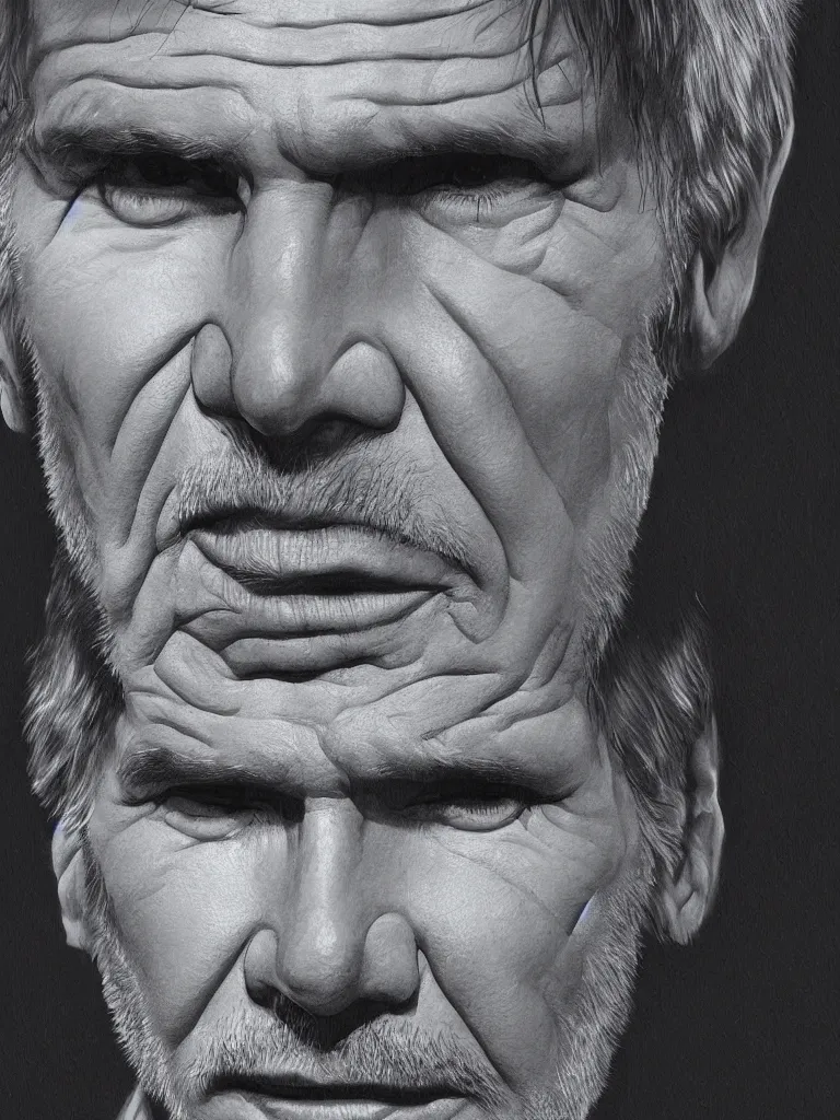 Image similar to harrison ford, close up, intricate, looking at camera, extremely detailed, sharp focus, concept art, illustration, sci-fi, volumetric lighting, art by Alex Ross