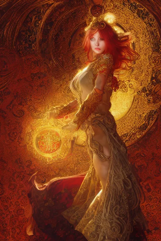 Image similar to tarot card artstation, portrait of an irish love dancer, sunrise, baroque ornamnet and rococo ornament, ancient chinese ornate, hyperdetailed, beautiful lighting, craig mullins, mucha, klimt, yoshitaka amano, red and gold and orange color palatte