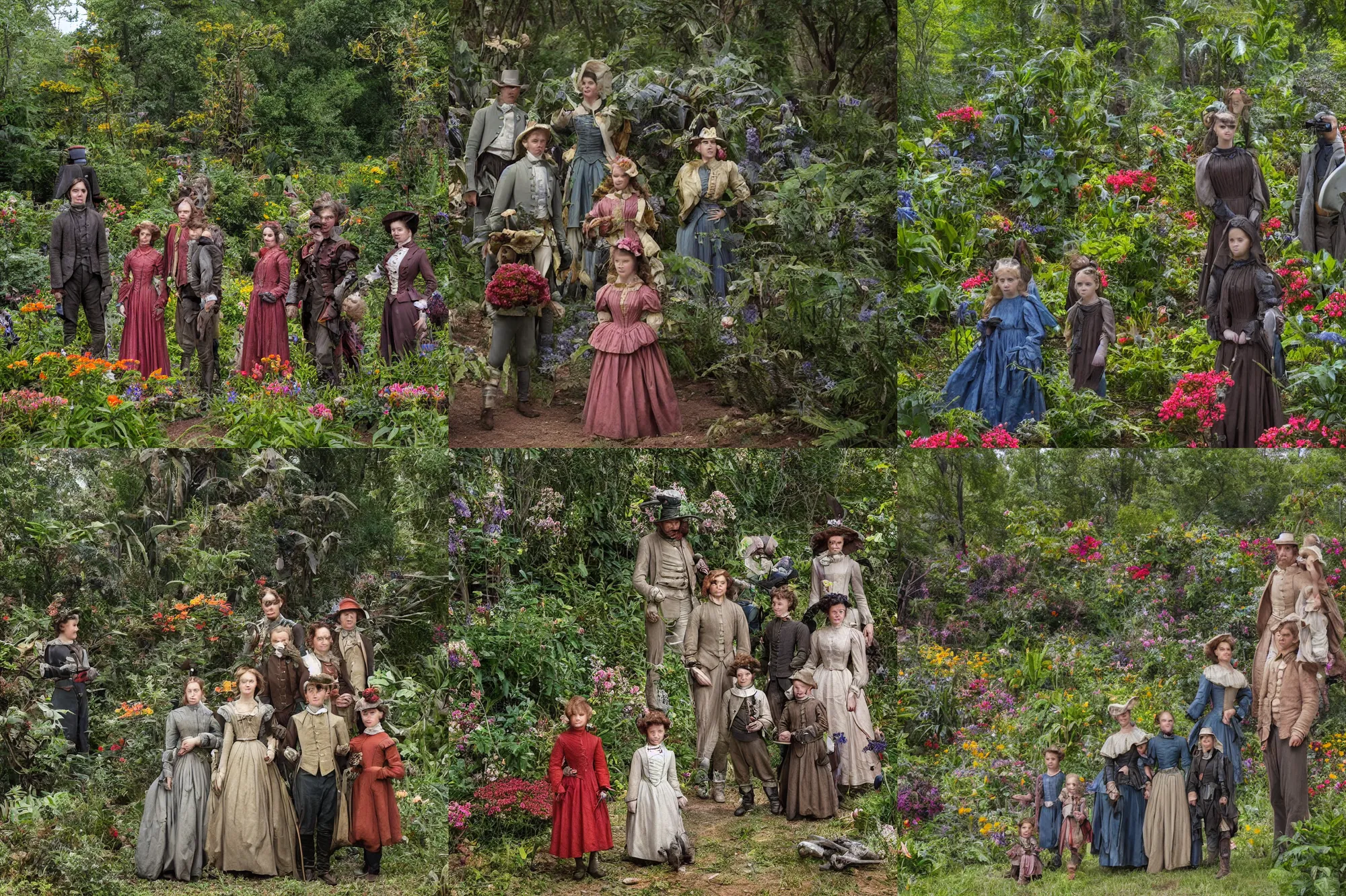 Prompt: sharp, highly detailed, 36864k film, 175000mm film still from a sci fi blockbuster color movie made in 2019, set in 1860, of a family standing in a park, next to some strange alien plants and flowers, on an alien planet, the family are all wearing 1860s era clothes, good lighting, 35mm f/1.4L lens
