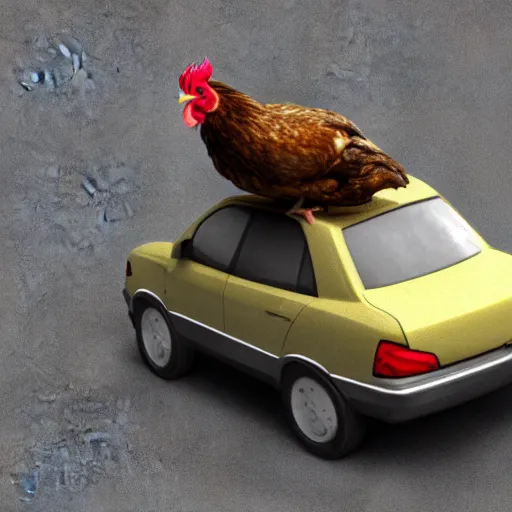 Prompt: chicken on top of a car, 3d render