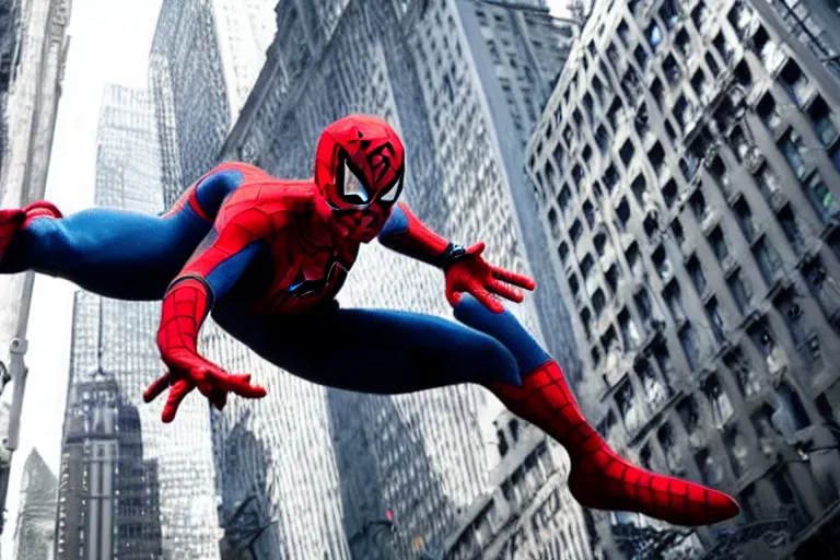 Prompt: spider-man swinging through manhattan, film still, awesome,