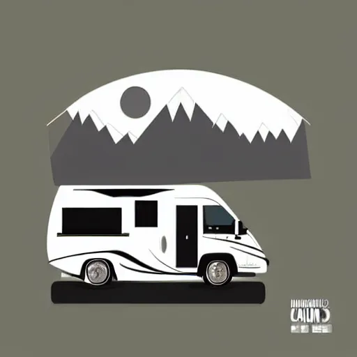 Image similar to stylized vector art featuring a white and black cute thor chateau! motorhome camper!!, highway, mountains and sunset!!, very happy, professional colorful minimal vector art