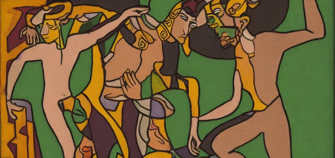 Prompt: an abstract spiritual background, a multiracial greek god dancing, green eyes. high contrast lines, great detail. 2 4 mm, photorealistic, muted color scheme, directed by albert gleizes and victor brauner