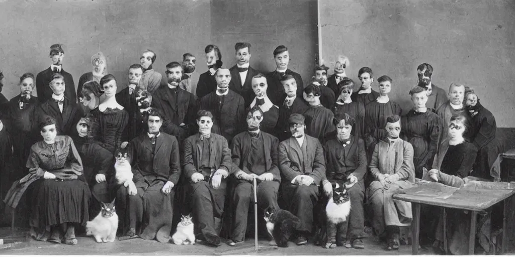 Image similar to an old black and white vintage film photo from 1890, award winning wide portrait of a very serious cats working in Tec support