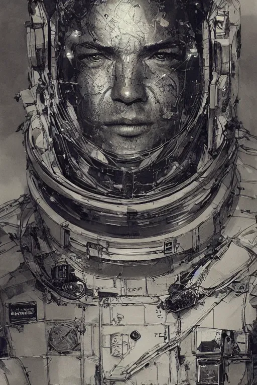 Prompt: portrait of an astronaut, pen and ink, intricate line drawings, by craig mullins, ruan jia, kentaro miura, greg rutkowski