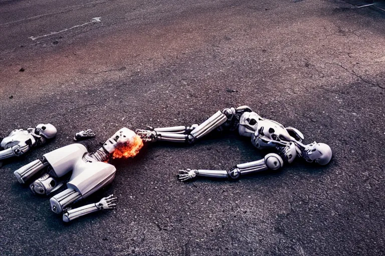 Image similar to vfx film closeup, dead robot couple on the ground holding hands, city street tire tracks fire. flat color profile low - key lighting award winning photography arri alexa cinematography, hyper real photorealistic cinematic atmospheric cool colorgrade