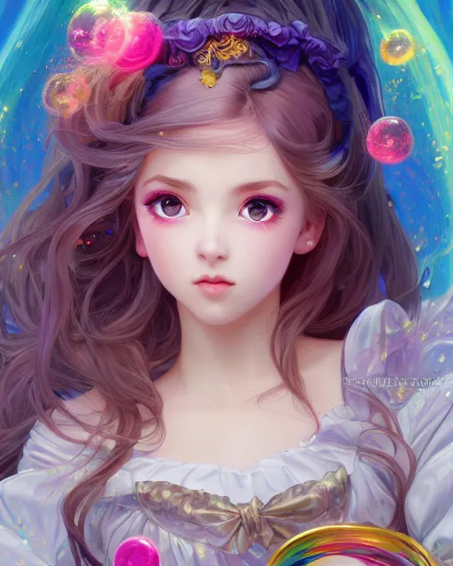 Prompt: portrait of magical lolita girl, dreamy and ethereal, expressive pose, big gold eyes, exciting expression, fantasy, intricate, elegant, many rainbow bubbles, rose tones, highly detailed, anime, artstation, concept art, cyberpunk wearing, smooth, sharp focus, illustration, art by artgerm and greg rutkowskiand alphonse mucha