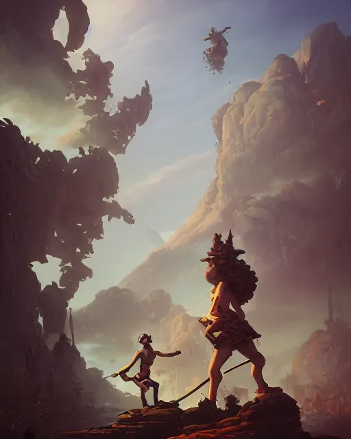 Prompt: david and goliath by peter mohrbacher and dan mumford and nekro, cgsociety, volumetric light, 3 d render