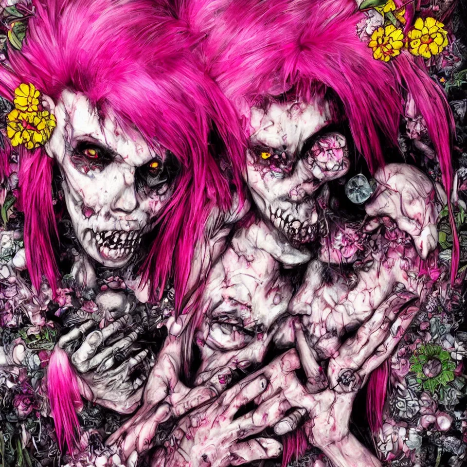 Image similar to ultra realistic portrait of a punk rock zombie with pink crystalline hair made out of flowers and fruit, vanitas, multicolored background, vivid colors, dramatic lighting, intricately detailed, photorealistic, frank frazetta, epic lighting, whimsical