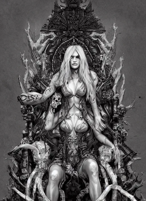 Prompt: the ruined queen sitting on a throne made of skulls, concept art, digital illustration, trending on artstation, deviantart, artgerm, epic composition, masterpiece, highly detailed, perfect face, realistic face, wlop, ross draws