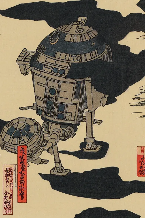 Image similar to Japanese woodblock print of r2d2, hokusai