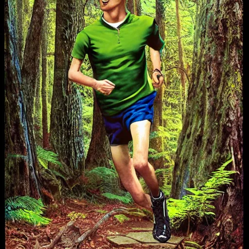 Prompt: a sporty guy runs alone through a forest with tall trees, art by Al Feldstein, acid-green sneakers, a shot from the back in perspective,