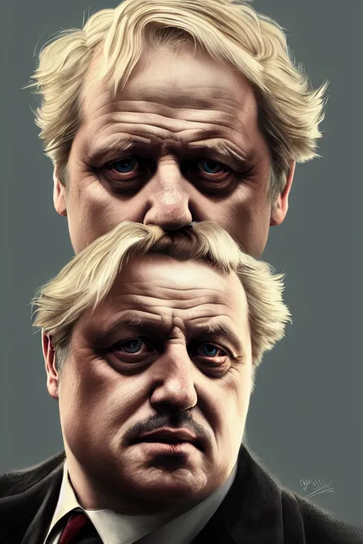 Image similar to Boris Johnson as Vito Corleone, realistic portrait, symmetrical, highly detailed, digital painting, artstation, concept art, smooth, sharp focus, illustration, cinematic lighting, art by artgerm and greg rutkowski and alphonse mucha